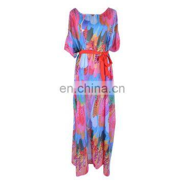 2019 Loose Multicolored Bohemian Printed Self Belted Summer Beach Dress Chiffon Tunic Women Beachwear Sarongs robe de plage