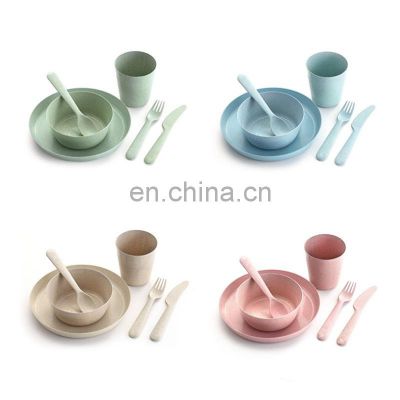 4Pcs Portable Reusable Household Dishware Set Kids Adult Spoon Fork Cup Salad Soup Bowl Plate Wheat Straw Kitchen Tableware Set