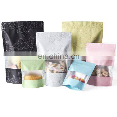 In stock Plastic Food Packaging Pouches Bag Resealable Zip lock Storage Stand Up Pouch Bags Matte Color Maple Leaf  With Window