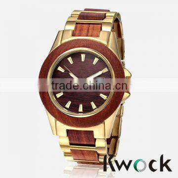 Metal Link Style Classic Yellow Gold Finish Metal and Brown Wood Classic Wooden Watch