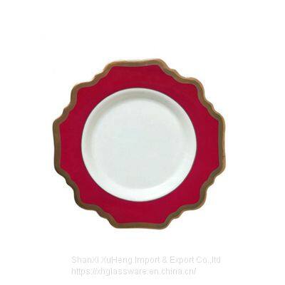 Factory Customized Red Gold Ceramic Dinnerware Plate Set With Sun Flower Design photo-5