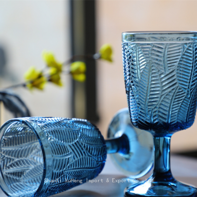Factory Directly Cheap Wholesale Vintage Clear Blue Purple And Green Solid Colored Goblet Wine Glass Cup With Leaf Pattern photo-2