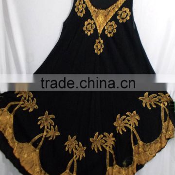 sleeveless ladies hand printed umbrella dress in dark black & brown color Celebrity style sleeveless dresses in india