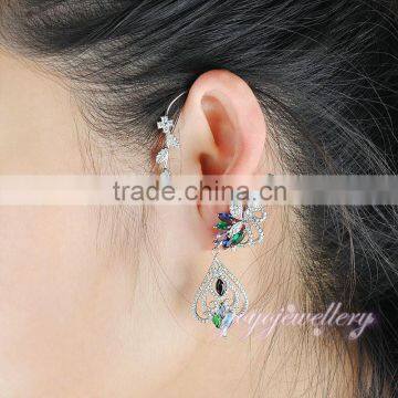 Newest peacock design white gold zircon ear cuff earrings