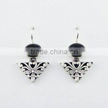 925 Silver Gemstone Earrings Black Agate Ajoure Triangle