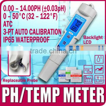 Waterproof pH Meter 0~14 Thermometer Replaceable probe Backlight PH4 7 10