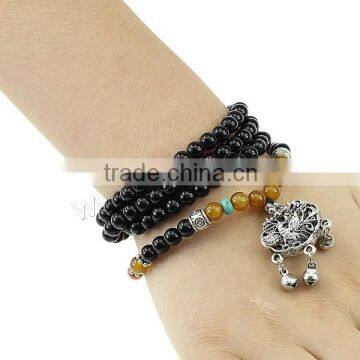 Black Agate Bracelets, with Synthetic Turquoise & Yellow Agate & Zinc Alloy, antique silver color plated, with bell & 4-strand