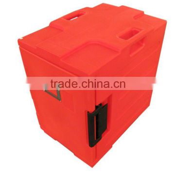 Front loading insulated food pan carriers for hot or cold food