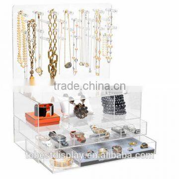 2016 table top clear acrylic jewelry display case/acrylic jewelry box/acrylic jewelry organizer with divided drawers and hooks