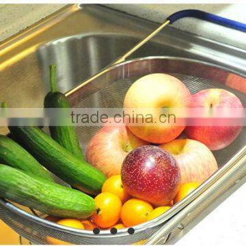 Over the sink Stainless Steel Mesh Fruit Colander strainer with Extending Rubber-Grip Arms