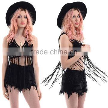 Faux Suede Long Tassels Fringe Festival Hippie Boho Biker Crop Top Vest Jacket