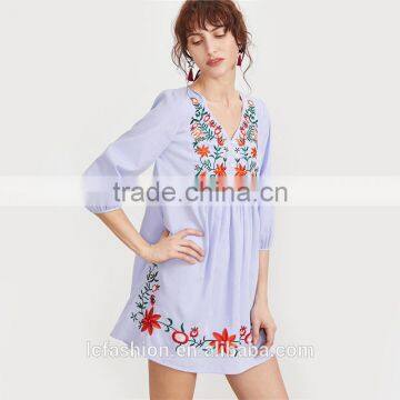 2017 Summer Women Clothing Factory Embroidered Blue Striped V Neck Button Front Lantern Sleeve Boho Dress photo-3