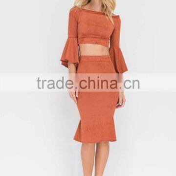 Ladies Designer Skirt Suits off Shoulder Flared Sleeve Crop Top and Tight Fishtail Skirt photo-2