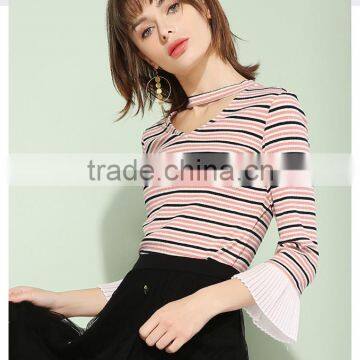 Stripes Cotton Flute Sleeve V Collar Belt Shirt Spring Autunm Fashion Slim Women Tops