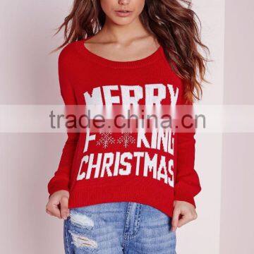 Custom Design Women Merry Christmas Crew Neck Cropped Jumper Red Knitwear Sweater Pullover photo-3