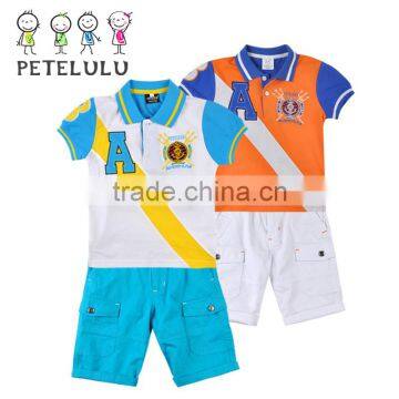 High quality fashion boy sport polo shirt worker foamal uniform two piece tops+pants with free rubber belt soccer jersey set