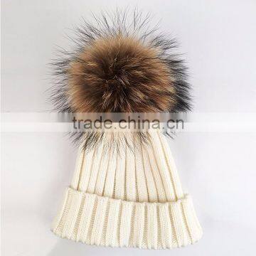 Myfur Fluffy Real Raccoon Animal Fur Pom Pom Knitted Beanie Hat for Adult Couple Cap
