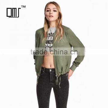 Khaki green soft ribbed collar zip bomber jacket womens thin coats and jackets