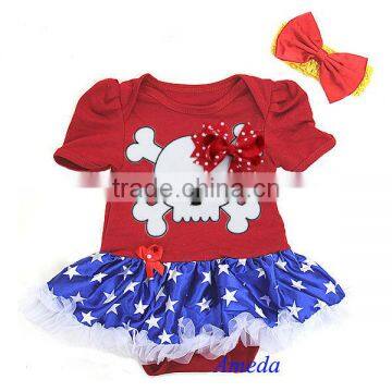 Baby Blue Star Red Skull Pettiskirt Bodysuit Romper and Headband NB-18M