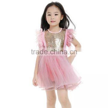 factory wholesale hot seling paillette baby dress,pink lovely kids dress,ruffle sleeve party children dress MC6030301