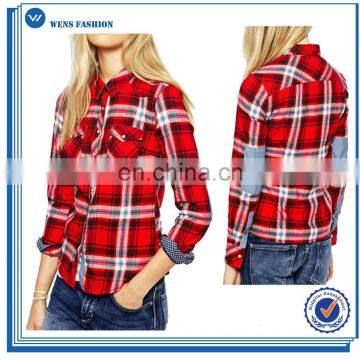 Women Classical Long Sleeve Red Plaid Shirts With Applique