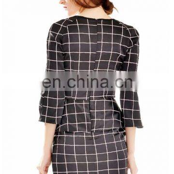 2015 New Product Elegant Fancy Windowpane Plaid Print Women Peplum Dress Long Sleeve Wholesale photo-4