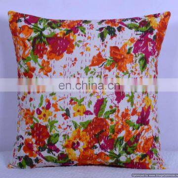 White Floral Indian Kantha Handmade Pillow Cover Hand Stitched Kantha Cushion Cover Ethnic Art