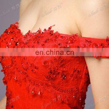 Real Off The Shoulder Lace Appliqued Fishtail Red Sexy Evening Dress Formal photo-5