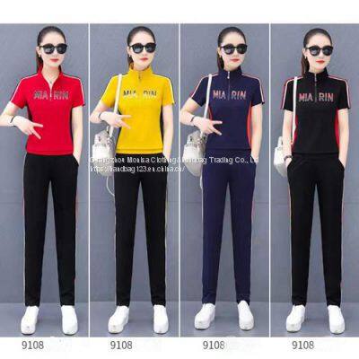 Monisa female sports leisure colors suit with short sleeves and long trousers in summer