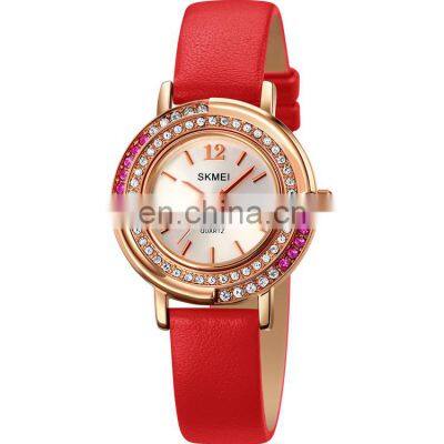 Luxury diamond ladies quartz watch fashion brand Skmei 1855 genuine leather 30 meter waterproof women watch