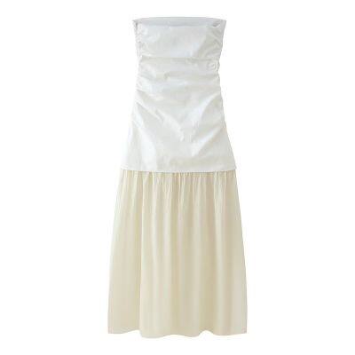 Novas roupas femininas de primavera e ver?o no estilo elegante de atriz, vestido sem al?as com ombros descobertos, pesco?o reto e patchwork contrastante