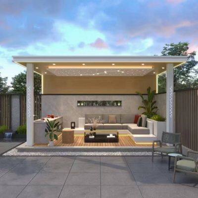 Modern Outdoor Bioclimatic Aluminum Pergola With LED Starry Sky Light, Adjustable Louvered Roof Gazebo for Patio Garden