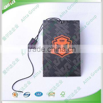 Customized garment paper tags with hang tag cord locking