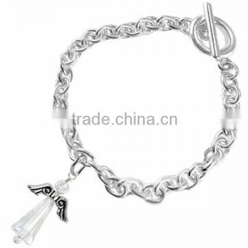 Silver Tone Winged And Genuine Aurora Borealis Crystal Angel Charm Chain Link Bracelet photo-3