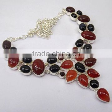 Carnelian, Black Onyx Necklace plated 925 Sterling Silver 77 Gms 18-20 Inches