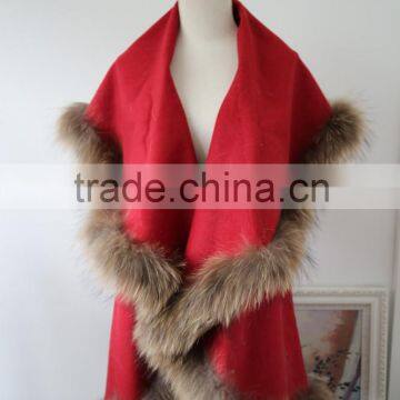 Posh Design Raccoon Fur Trimmed Imitated Cashmere Cape Poncho Pushmina Like Shawl With Fur Trim