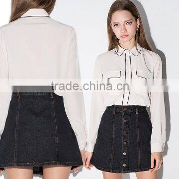 Womens Button Down Chiffon Blouse With Black Trim Long Sleeve Shirt OEM ODM Type Clothing Factory Manufacturer From Guangzhou