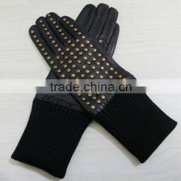 fashion lady long wearing studs leather gloves with elastic cuff