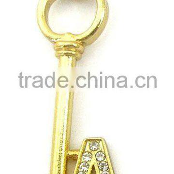 promotional metal diamond key alphabet pendants for clothes,various designs