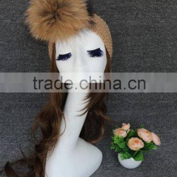 Cheap Genuine Fox Fur Pompom Women Knit Raccoon Fur Ball Wholesale Headband