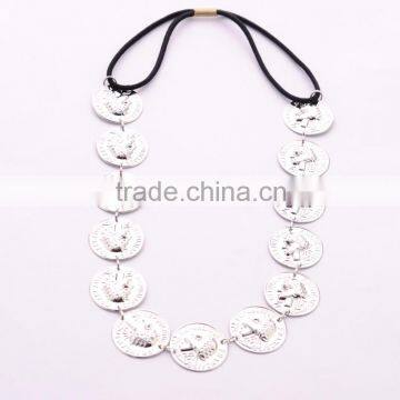 Vintage Girls Coin Shaped Silver Plated Metal Hair Chains Elastic Band Hair Accessories 2016