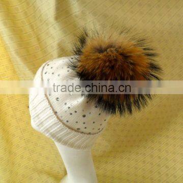 Wholesale Winter Beanie Hat with Raccoon Fur Pom poms and Diamond