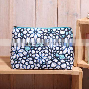 Ladies Pretty Blue Floral Printing Travel Toiletry Polyester Cosmetic Wash Bag