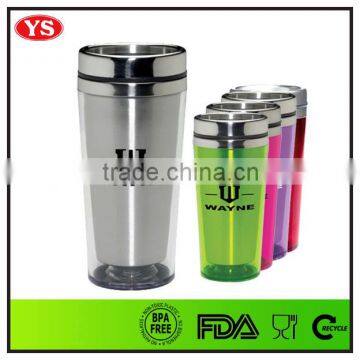 16oz insulated plastic thermal coffee tumbler travel mug with non spill lid