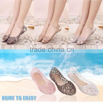 New Women Crystal Glitter Plastic Jelly Hollowed Flat Sandals Beach Ballet Flats