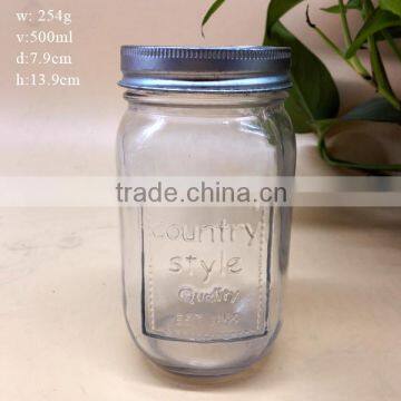 500ml country style quality embossed logo glass mason jar for drinking