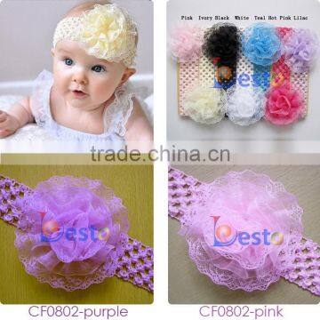 CF0802 Wholesale handmade mesh ribbon satin flower baby girl hair bands