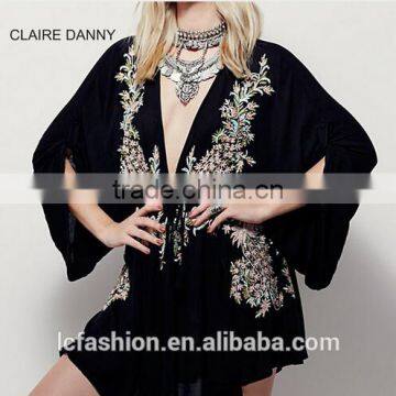 Wholesale V-neck Maxi Design Top Black Long Sleeve Embroidery Sexy Mini Top photo-2