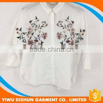 women collar design flower embroidered 3/4 sleeve washed shirt