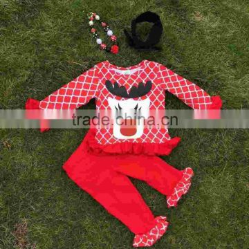 baby clothes winter/fall boutique red Grid ruffle outfits girls reindeer sets Christmas outftis with necklace and headband